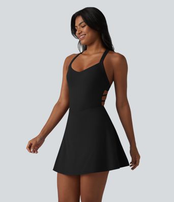 SoftlyZero™ Plush Crisscross Backless Racerback Built-in Bra 2-in-1 Mini Yoga Active Dress with Pockets-Easy Peezy