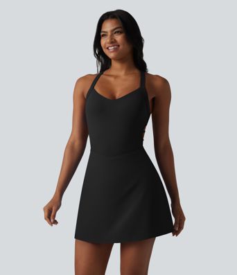 SoftlyZero™ Plush Crisscross Backless Racerback Built-in Bra 2-in-1 Mini Yoga Active Dress with Pockets-Easy Peezy