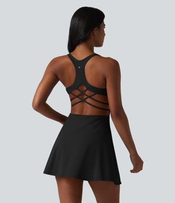 SoftlyZero™ Plush Crisscross Backless Racerback Built-in Bra 2-in-1 Mini Yoga Active Dress with Pockets-Easy Peezy