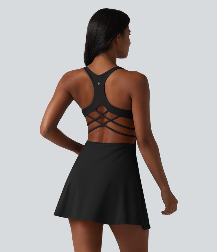 SoftlyZero™ Plush Crisscross Backless Racerback Built-in Bra 2-in-1 Mini Yoga Active Dress with Pockets-Easy Peezy