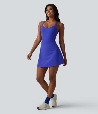 SoftlyZero™ Plush Crisscross Backless Racerback Built-in Bra 2-in-1 Mini Yoga Active Dress with Pockets-Easy Peezy