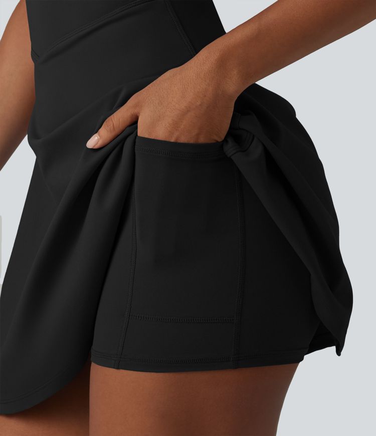 SoftlyZero™ Plush Crisscross Backless Racerback Built-in Bra 2-in-1 Mini Yoga Active Dress with Pockets-Easy Peezy