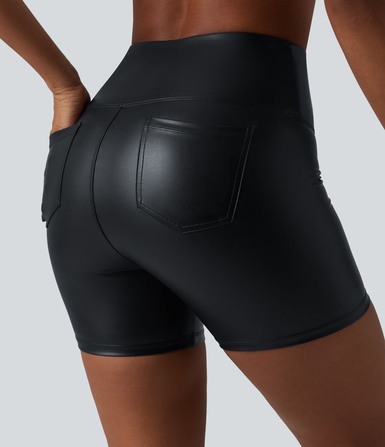 High Waisted Tummy Control Stretchy PU Casual Biker Shorts 5'' with Pockets