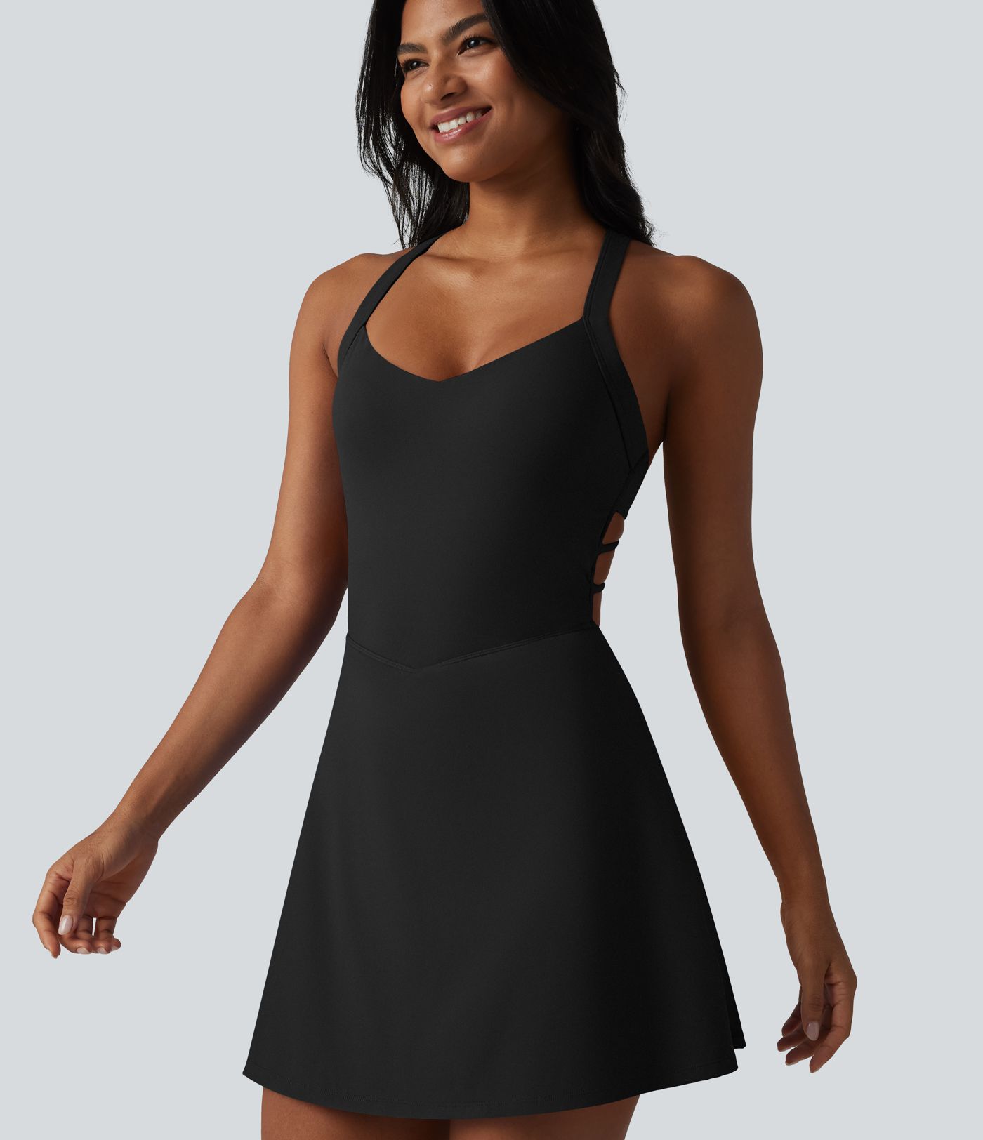 SoftlyZero™ Plush Crisscross Backless Racerback Built-in Bra 2-in-1 Mini Yoga Active Dress with Pockets-Easy Peezy SoftlyZero™ Plush Crisscross Backless Racerback Built-in Bra 2-in-1 Mini Yoga Active Dress with Pockets-Easy Peezy