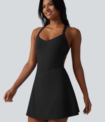 SoftlyZero™ Plush Crisscross Backless Racerback Built-in Bra 2-in-1 Mini Yoga Active Dress with Pockets-Easy Peezy