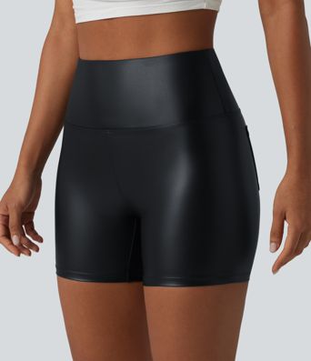 High Waisted Tummy Control Stretchy PU Casual Biker Shorts 5'' with Pockets