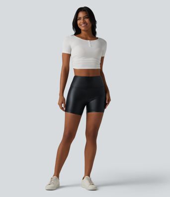 High Waisted Tummy Control Stretchy PU Casual Biker Shorts 5'' with Pockets