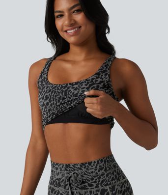 Halara UltraSculpt™ - Verkürztes Yoga-Tanktop mit U-Ausschnitt, integriertem BH, Leopardenmuster und Cut-Out-Design