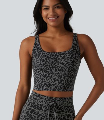 Halara UltraSculpt™ - Verkürztes Yoga-Tanktop mit U-Ausschnitt, integriertem BH, Leopardenmuster und Cut-Out-Design