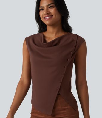 Cowl Neck Cap Sleeve Casual T-Shirt