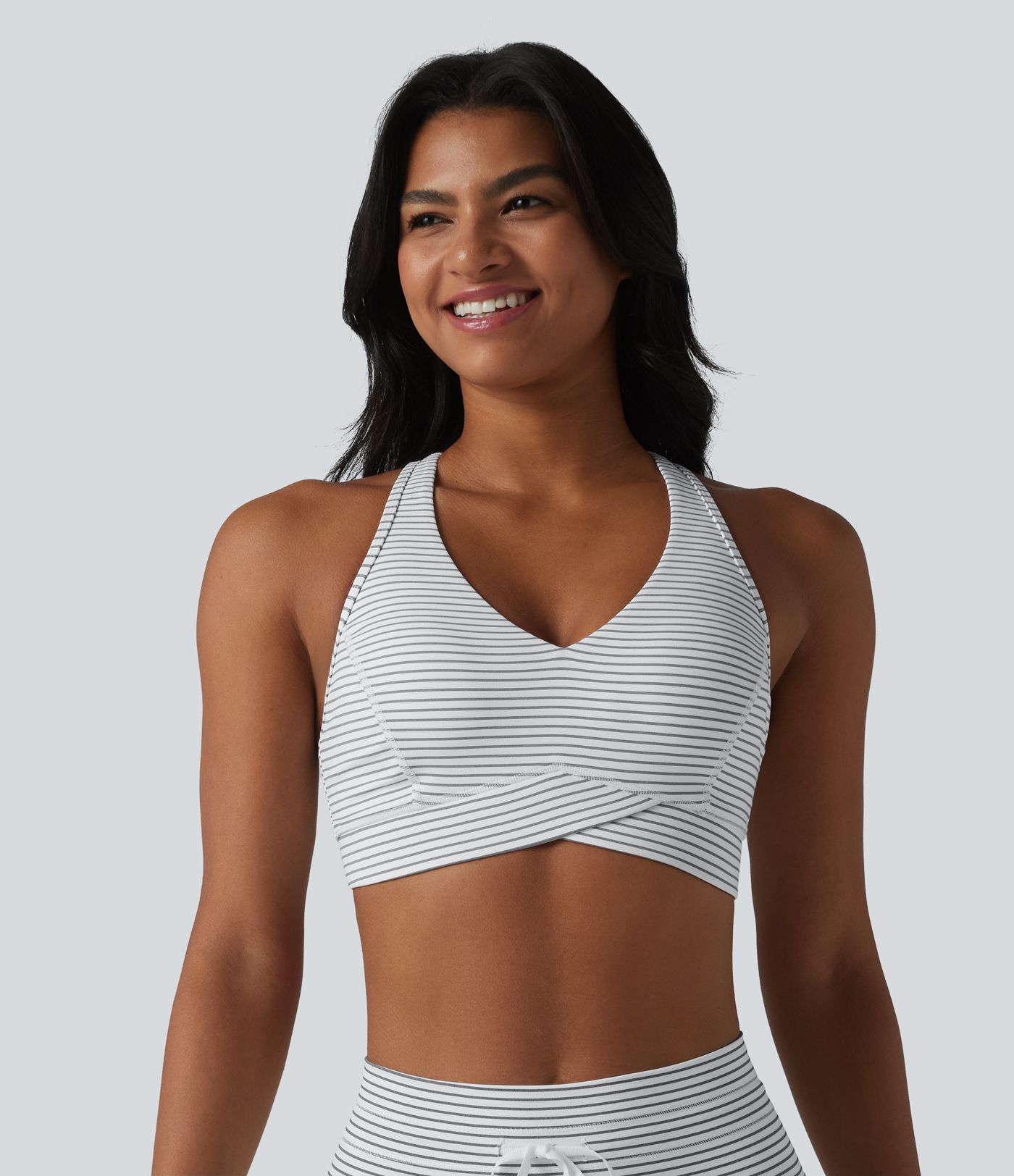 Medium Support V Neck Built-in Bra Racerback Stripe Training Sports Bra