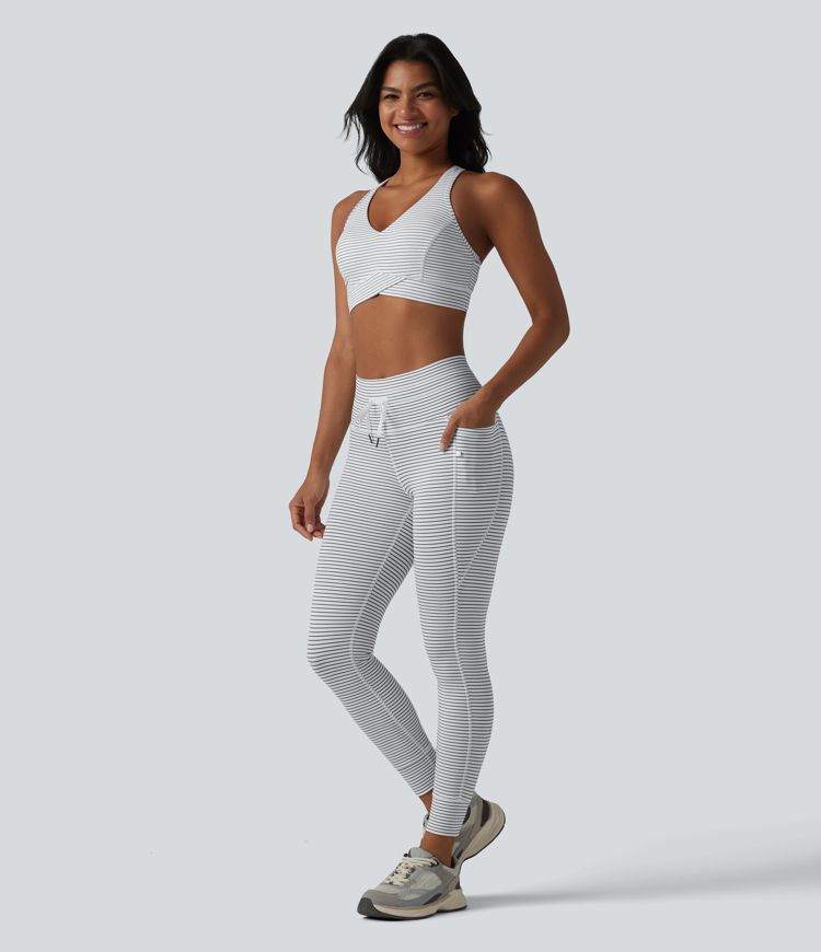 Medium Support V Neck Built-in Bra Racerback Stripe Training Sports Bra