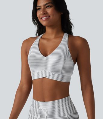 Medium Support V Neck Built-in Bra Racerback Stripe Training Sports Bra