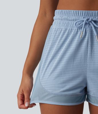 High Waisted Drawstring Eyelet Breathable Mesh 2-in-1 Workout Shorts