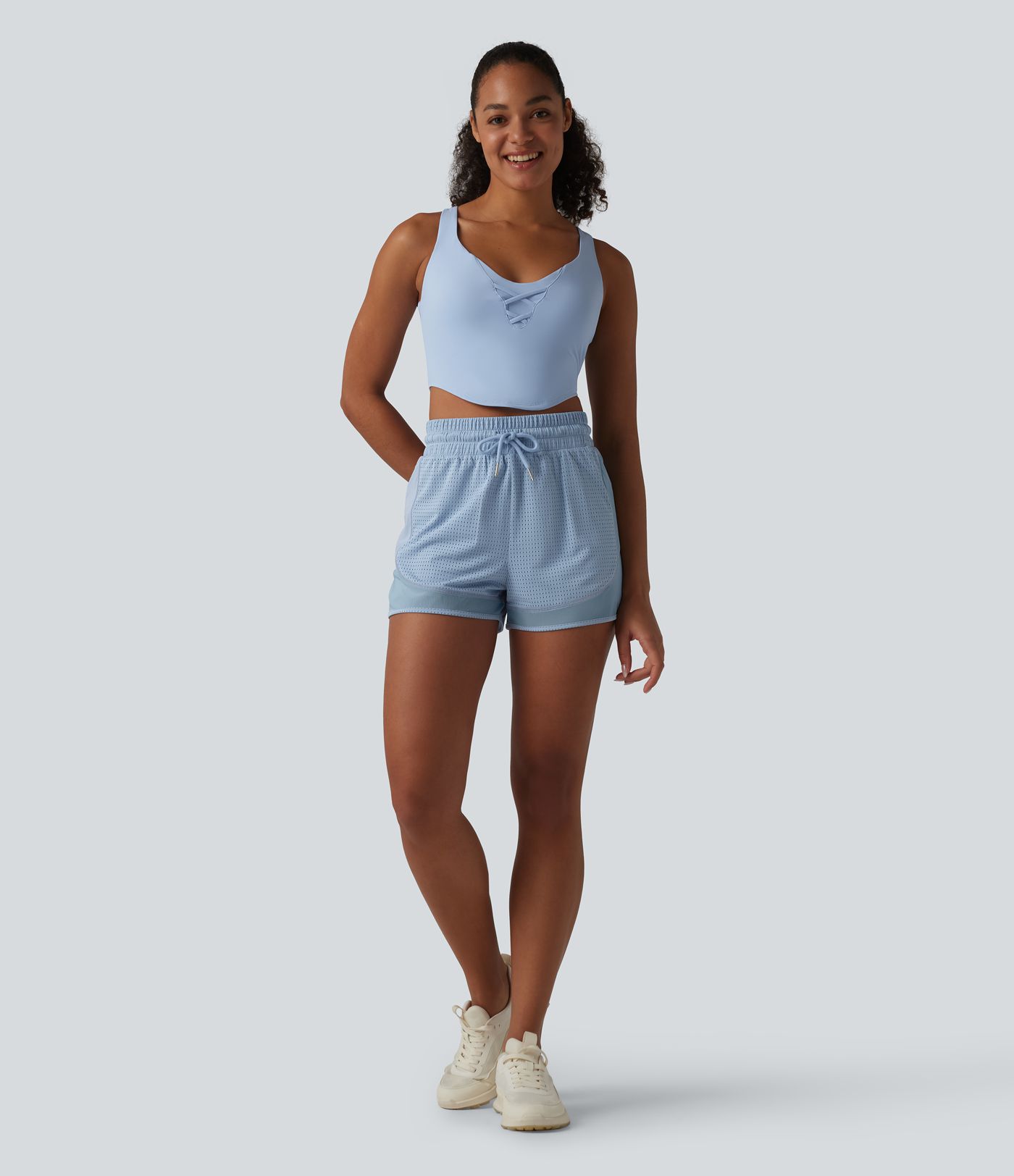 High Waisted Drawstring Eyelet Breathable Mesh 2-in-1 Workout Shorts