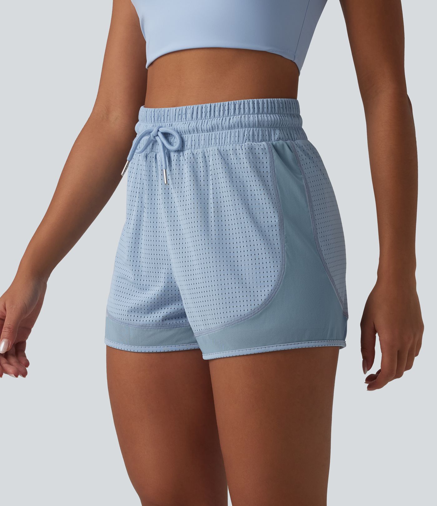 High Waisted Drawstring Eyelet Breathable Mesh 2-in-1 Workout Shorts