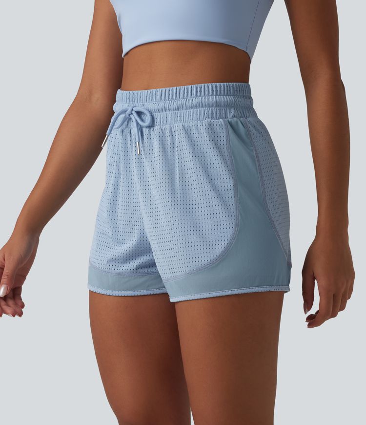 High Waisted Drawstring Eyelet Breathable Mesh 2-in-1 Workout Shorts