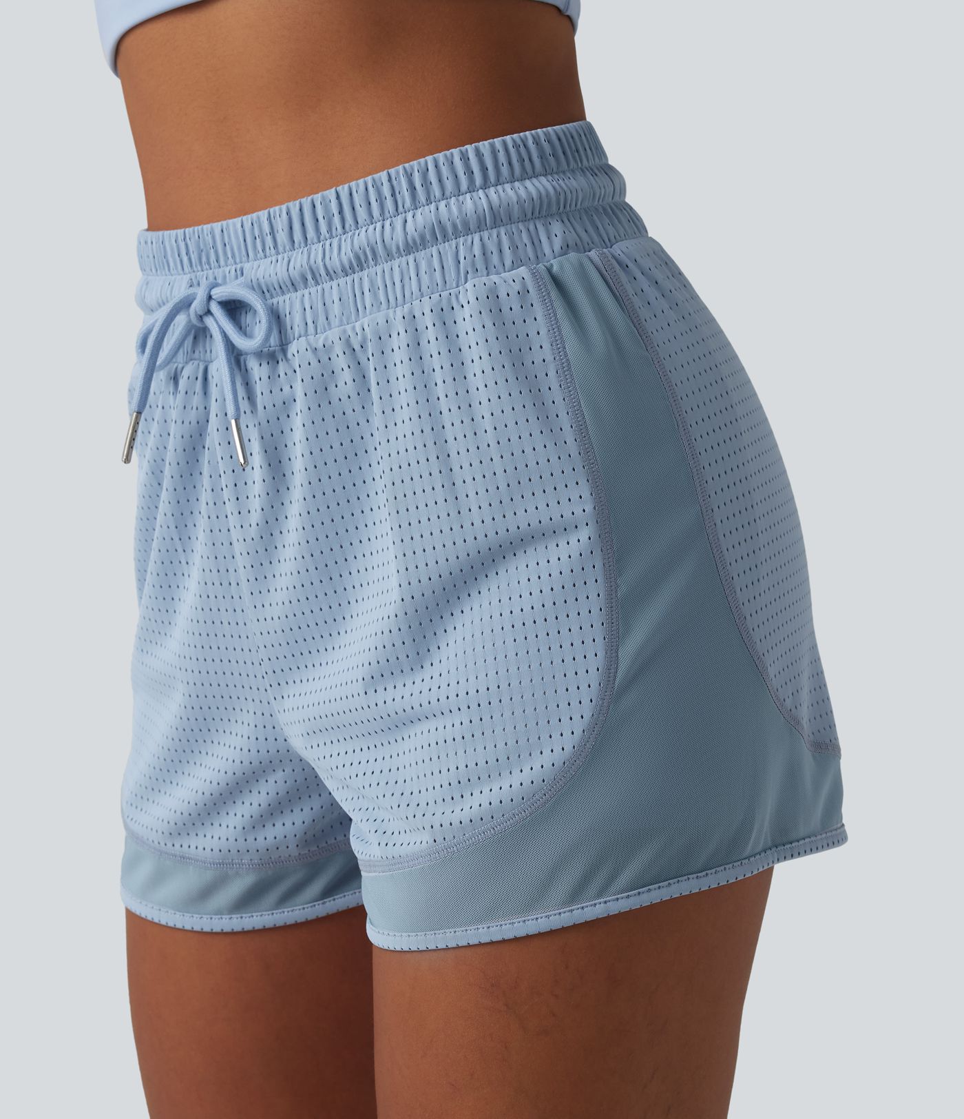 High Waisted Drawstring Eyelet Breathable Mesh 2-in-1 Workout Shorts