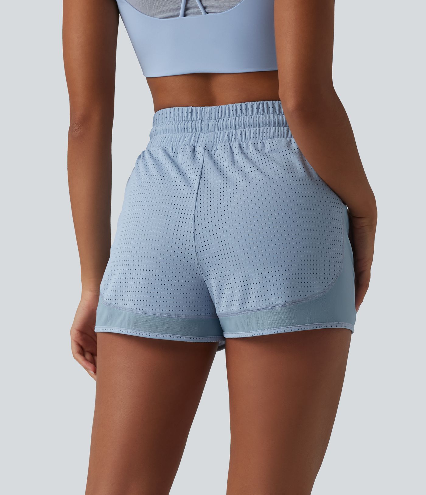 High Waisted Drawstring Eyelet Breathable Mesh 2-in-1 Workout Shorts