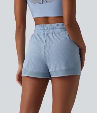 High Waisted Drawstring Eyelet Breathable Mesh 2-in-1 Workout Shorts