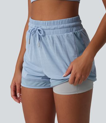 High Waisted Drawstring Eyelet Breathable Mesh 2-in-1 Workout Shorts
