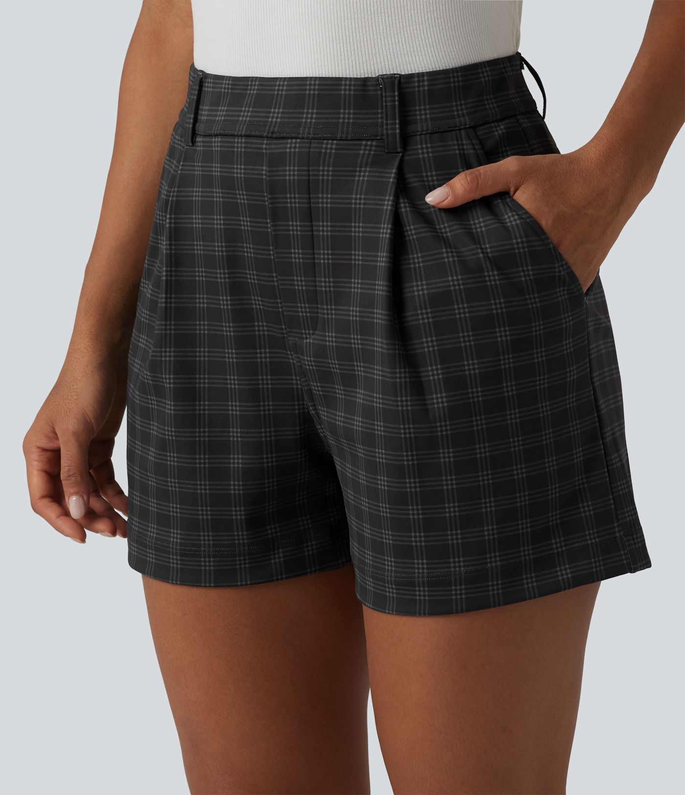 High Waisted Straight Leg Plaid Work Shorts with Pockets