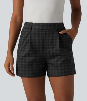 High Waisted Straight Leg Plaid Work Shorts with Pockets