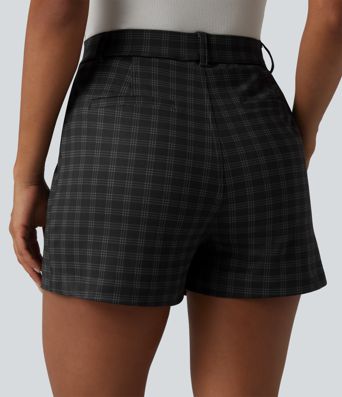 High Waisted Straight Leg Plaid Work Shorts with Pockets