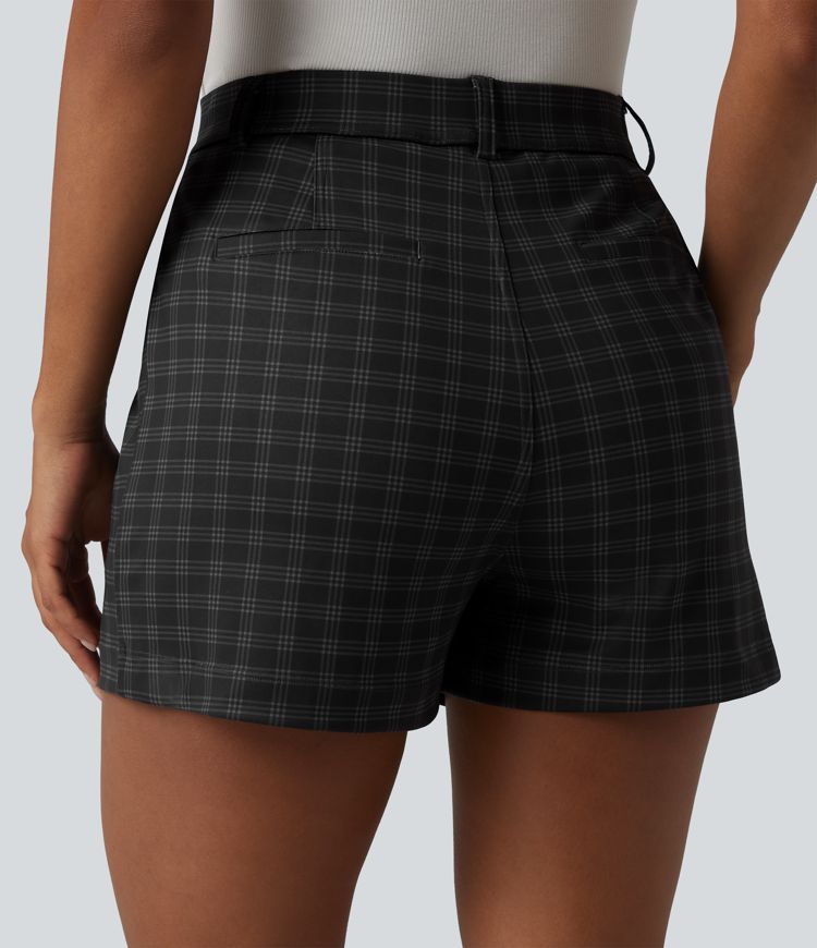 High Waisted Straight Leg Plaid Work Shorts with Pockets