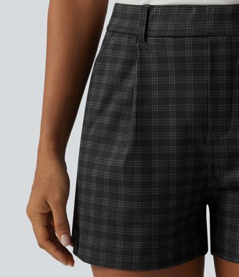 High Waisted Straight Leg Plaid Work Shorts with Pockets