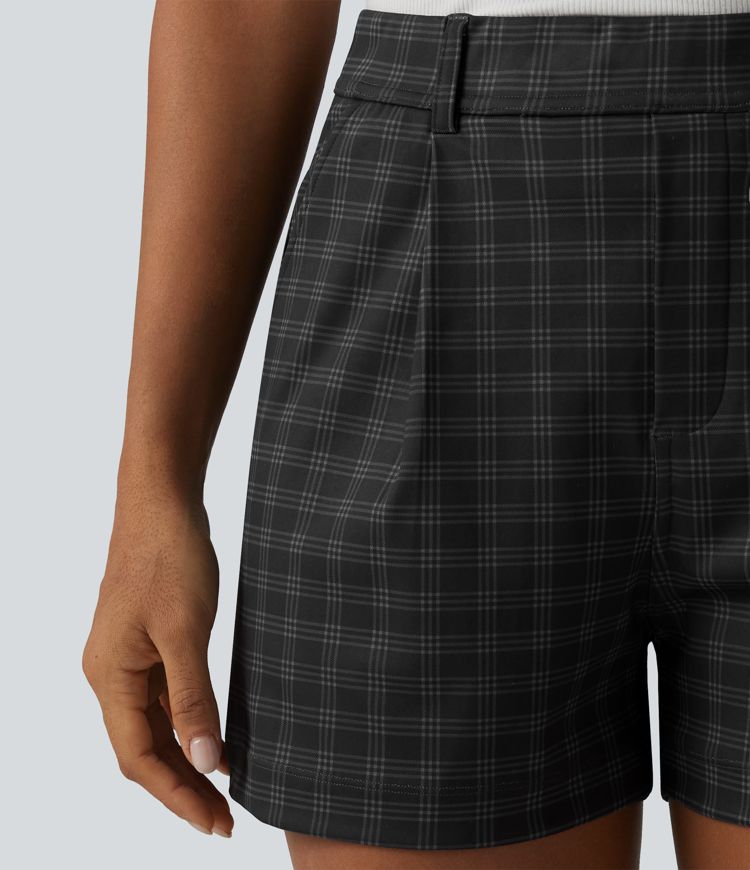 High Waisted Straight Leg Plaid Work Shorts with Pockets