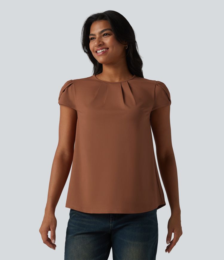 Round Neck Short Sleeve Keyhole Back Casual Blouse