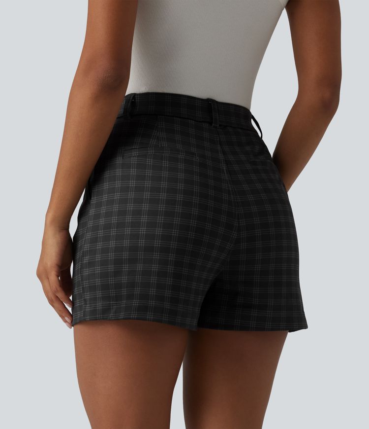 High Waisted Straight Leg Plaid Work Shorts with Pockets