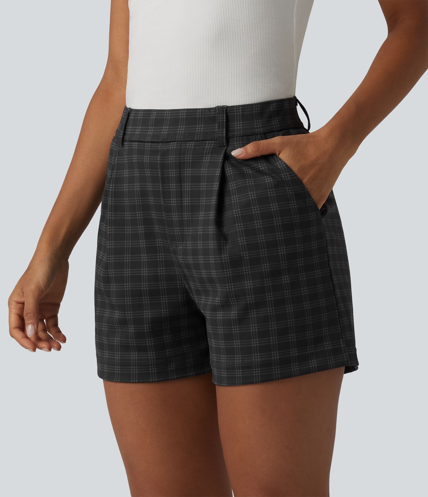 High Waisted Straight Leg Plaid Work Shorts with Pockets