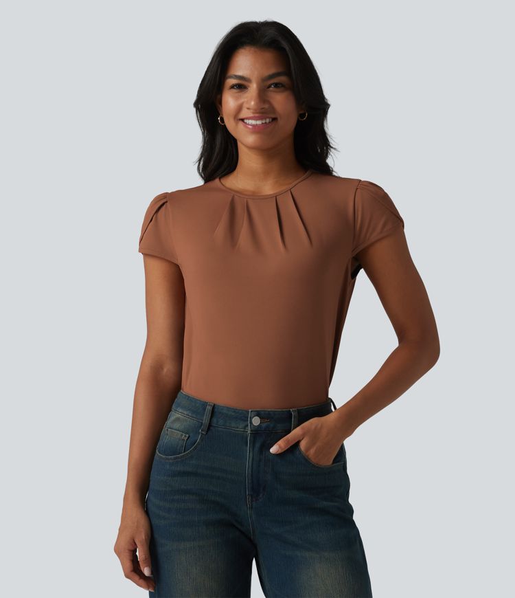 Round Neck Short Sleeve Keyhole Back Casual Blouse