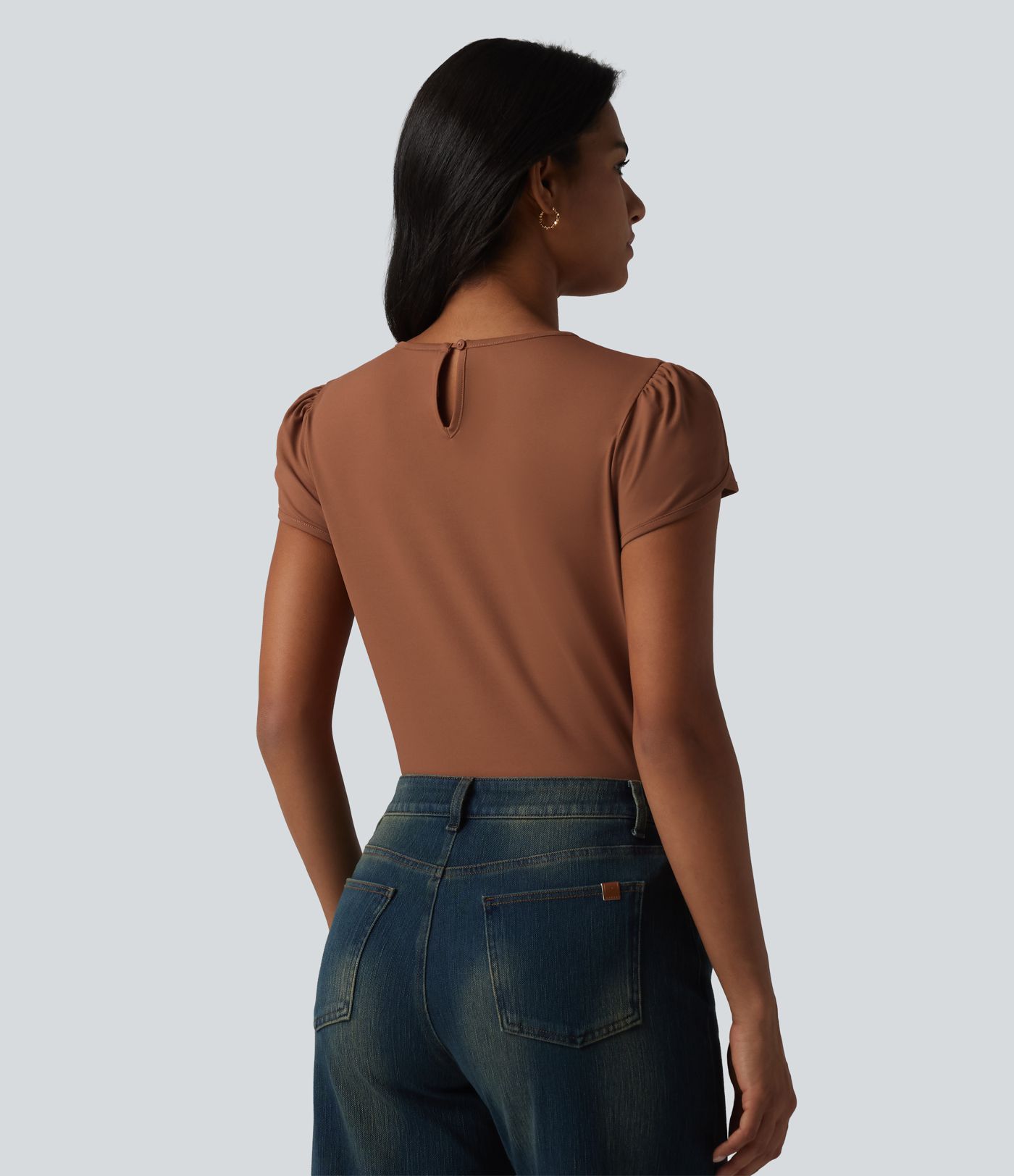 Round Neck Short Sleeve Keyhole Back Casual Blouse