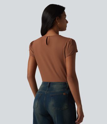 Round Neck Short Sleeve Keyhole Back Casual Blouse