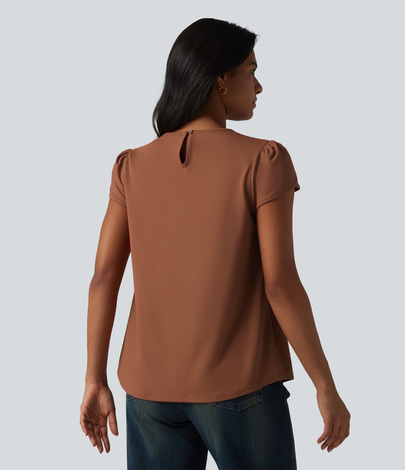 Round Neck Short Sleeve Keyhole Back Casual Blouse