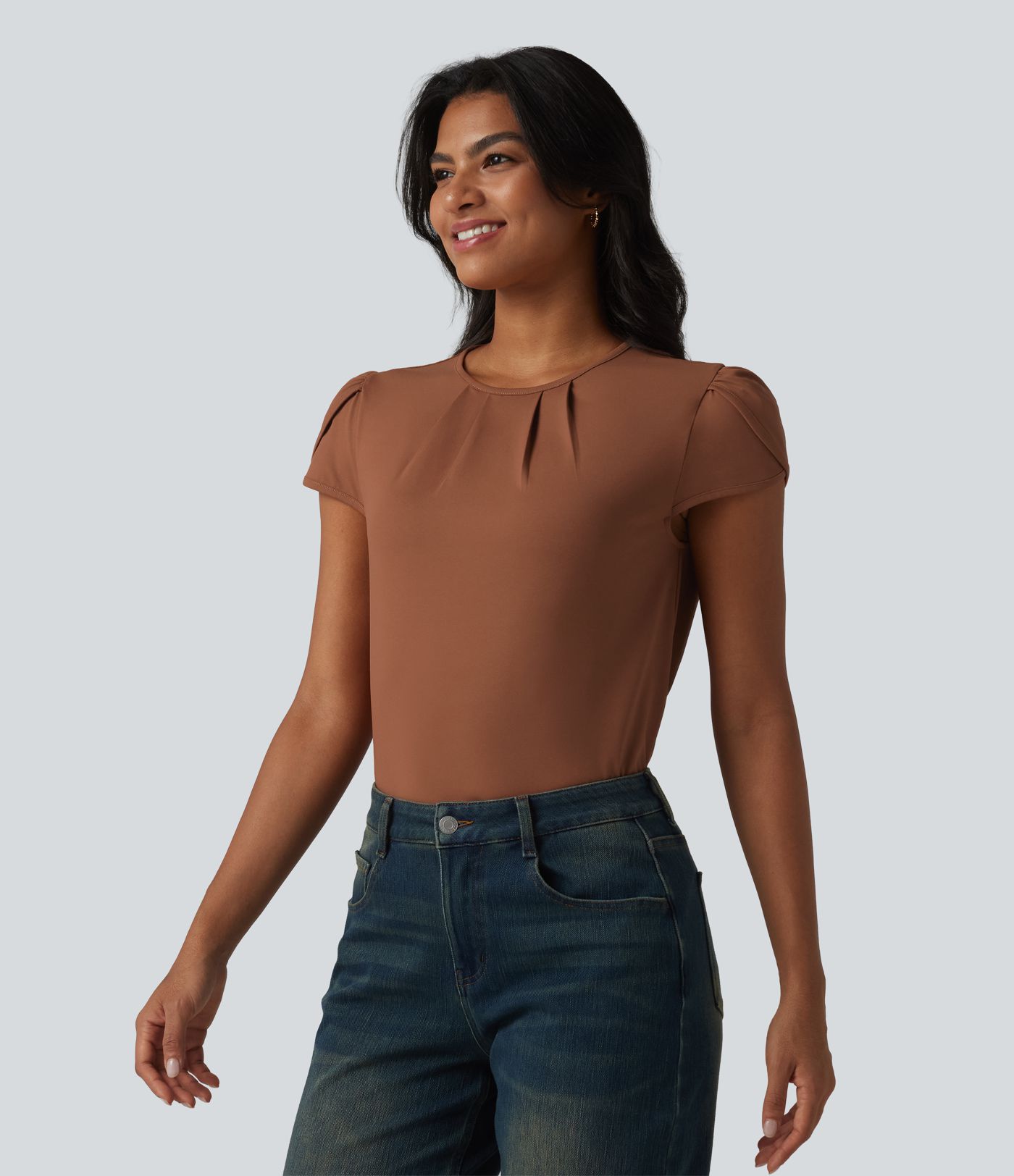 Round Neck Short Sleeve Keyhole Back Casual Blouse