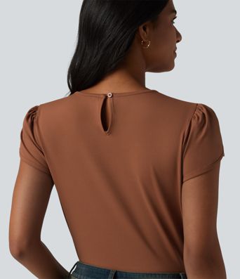 Round Neck Short Sleeve Keyhole Back Casual Blouse