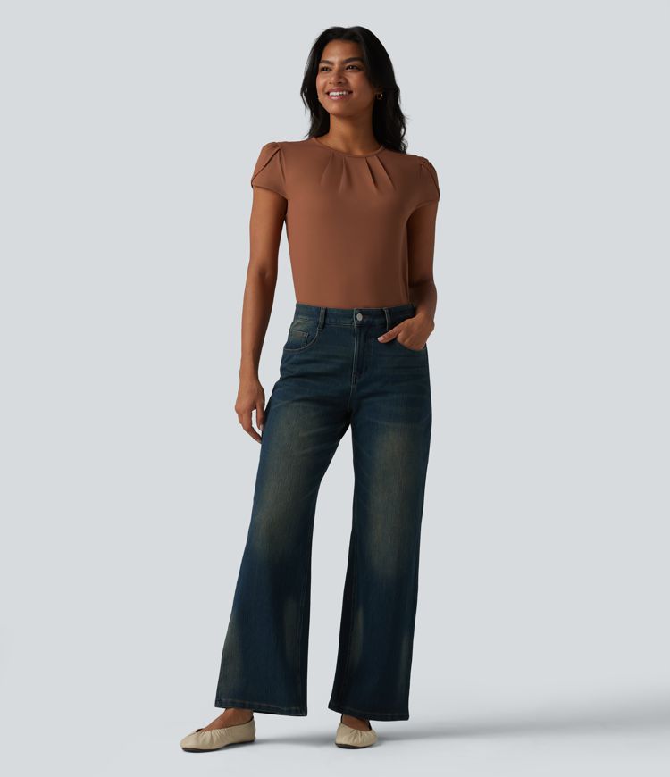 Round Neck Short Sleeve Keyhole Back Casual Blouse