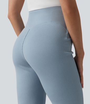 SpacerTek™ Ribbed High Waisted Tummy Control Casual Flare Pants with Pocket