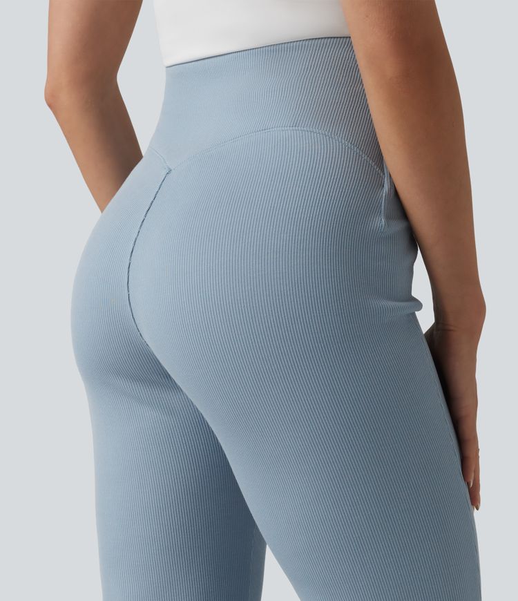 SpacerTek™ Ribbed High Waisted Tummy Control Casual Flare Pants with Pocket