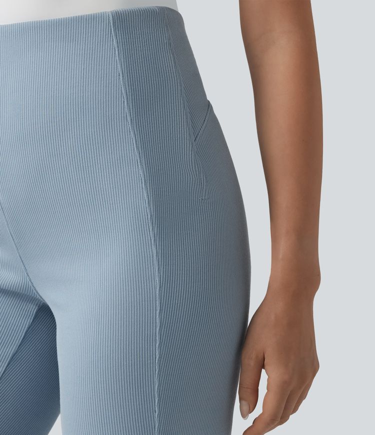 SpacerTek™ Ribbed High Waisted Tummy Control Casual Flare Pants with Pocket