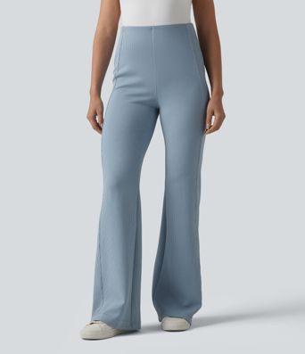 SpacerTek™ Ribbed High Waisted Tummy Control Casual Flare Trousers with Pocket SpacerTek™ Ribbed High Waisted Tummy Control Casual Flare Trousers with Pocket