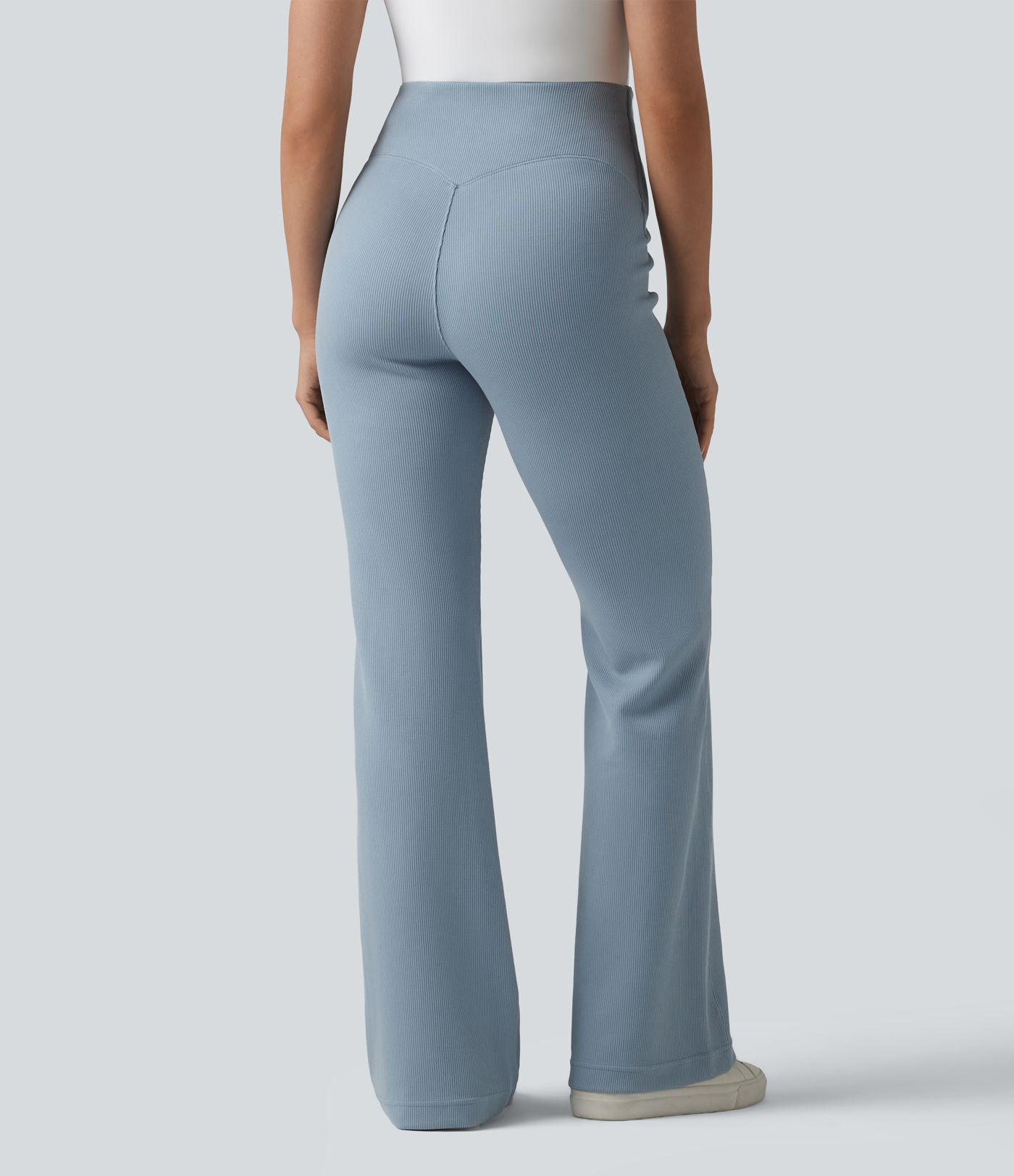 SpacerTek™ Ribbed High Waisted Tummy Control Casual Flare Pants with Pocket