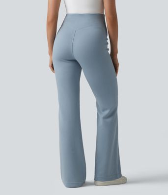 SpacerTek™ Ribbed High Waisted Tummy Control Casual Flare Pants with Pocket