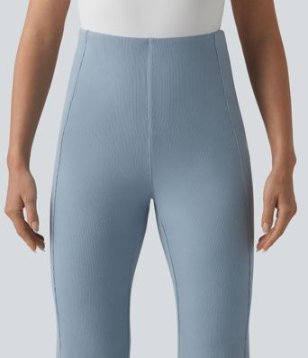 SpacerTek™ Ribbed High Waisted Tummy Control Casual Flare Pants with Pocket