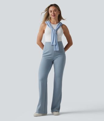 SpacerTek™ Ribbed High Waisted Tummy Control Casual Flare Pants with Pocket