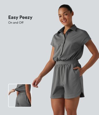 Paskowany casualowy kombinezon w styli koszuli z krótkimi rękawami i kieszeniami — edycja Easy Peezy